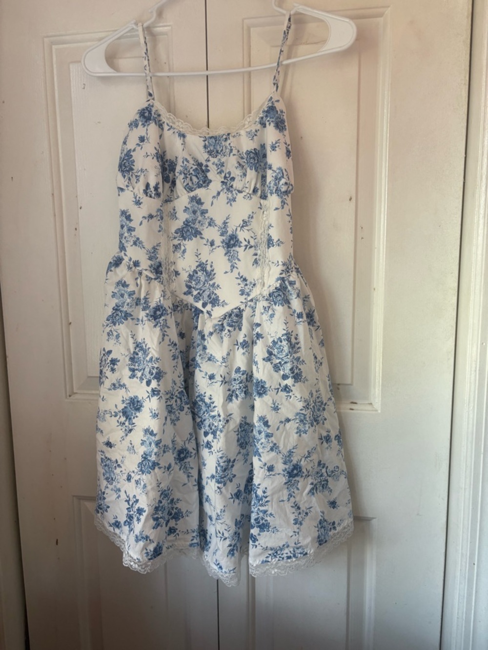 Blue Floral Lace-Trim Woman's Dress